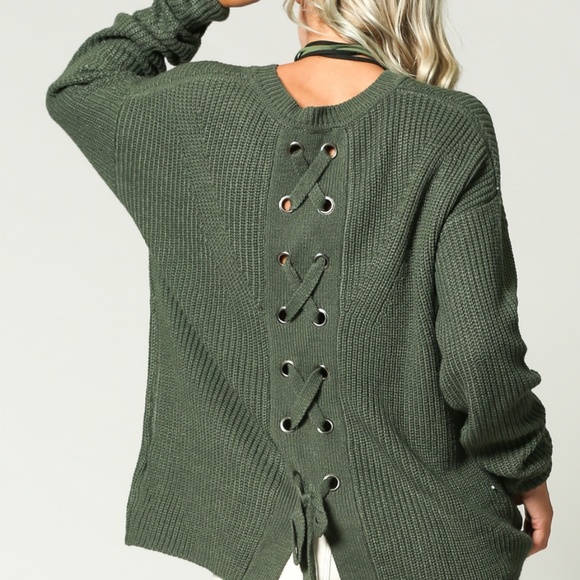 Olive eyelet lace up pullover sweater - Picture 5 of 5